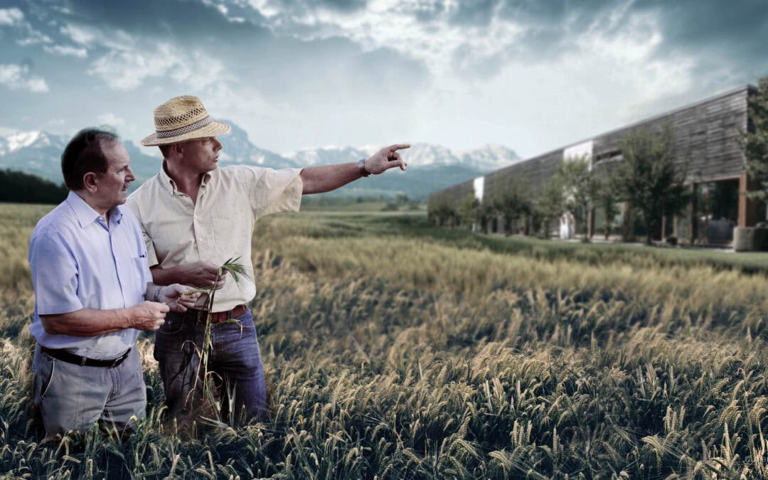 Zwei Männer im Feld bei Schlattbauerngut, diskutieren landwirtschaftliche Projekte.