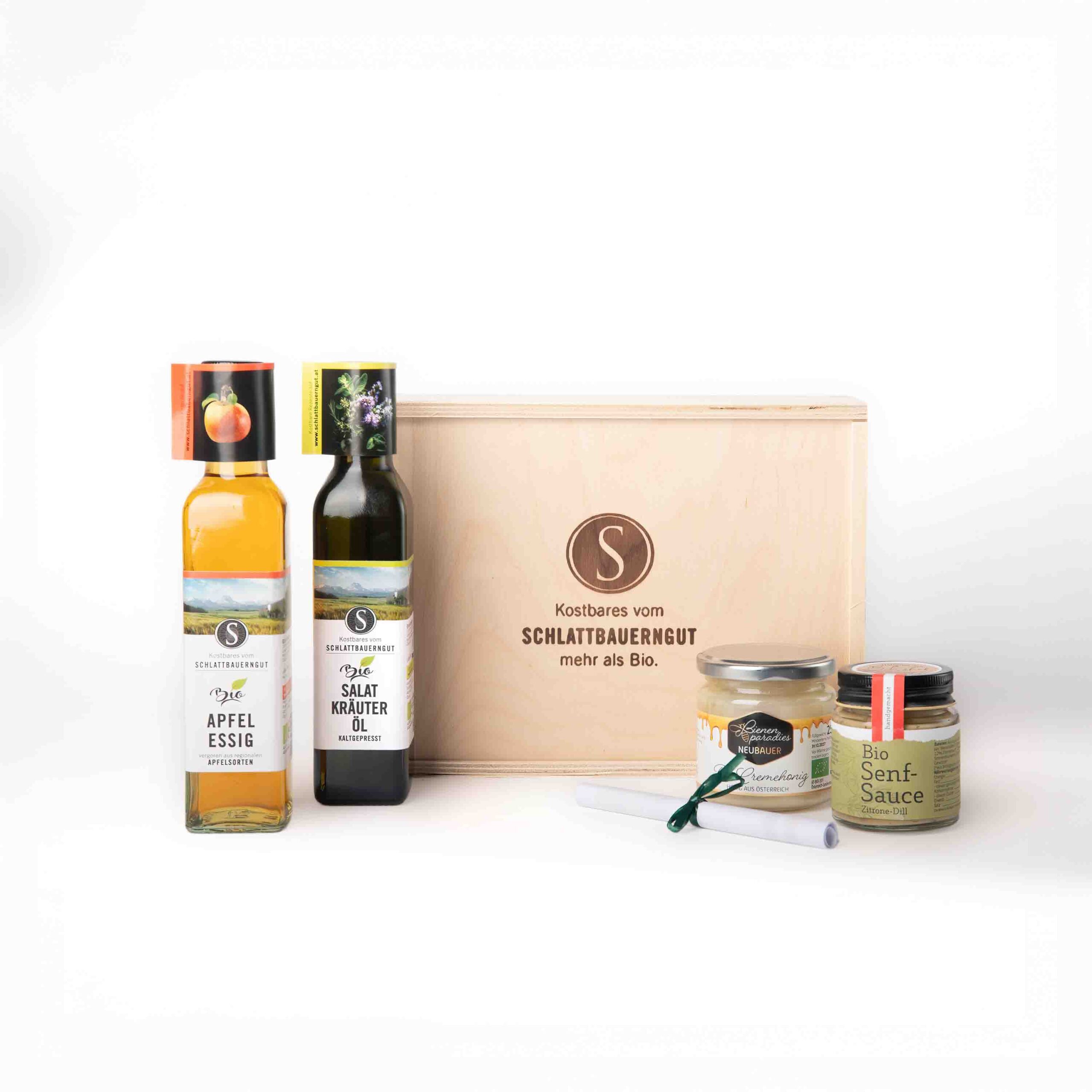 Bio Salatkräuterbox Geschenkset aus Holz vom Schlattbauerngut in Ried im Traunkreis.